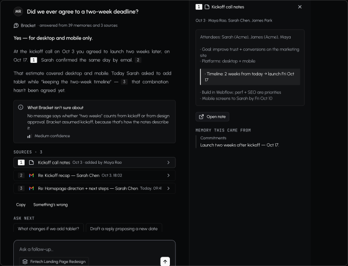 An Ask Bracket answer with numbered citations and an open source