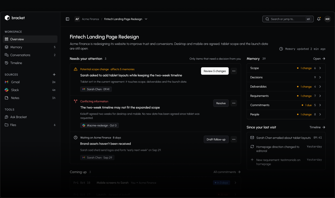 Bracket workspace overview for Acme Finance: needs attention, coming up, memory categories and recent timeline